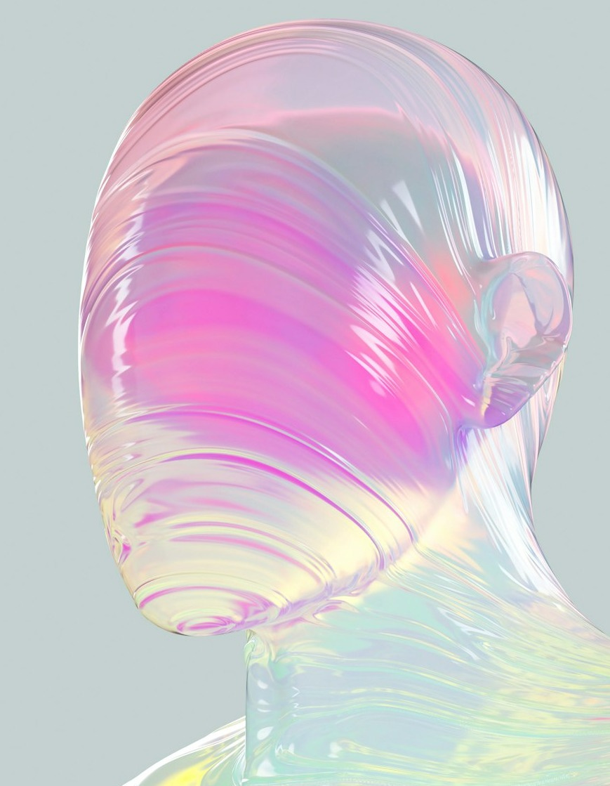 the back of a woman's head with a multicolored pattern