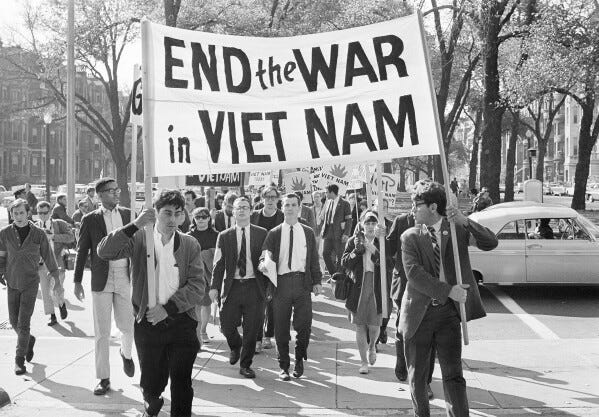 College students from various nearby schools march down Commonwealth Avenue in Boston on Oct. 16, 1965 to attend rally on Boston Common protesting U.S. involvement in Vietnam. They're hallmarks of American history: protests, rallies, sit-ins, marches, disruptions. They date from the early days of what would become the United States to the sights and sounds currently echoing across the landscapes of the nation's colleges and universities. (AP Photo/Frank C. Curtin, File) College students from various nearby schools march down Commonwealth Avenue in Boston on Oct. 16, 1965 to attend rally on Boston Common protesting U.S. involvement in Vietnam. They're hallmarks of American history: protests, rallies, sit-ins, marches, disruptions. They date from the early days of what would become the United States to the sights and sounds currently echoing across the landscapes of the nation's colleges and universities. (AP Photo/Frank C. Curtin, File)