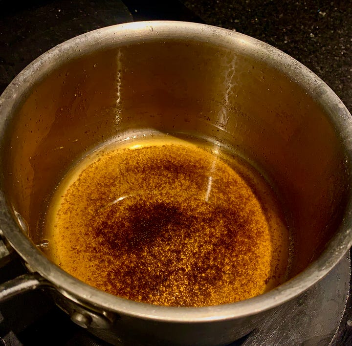 Butter melting in the pan and after it's become brown butter