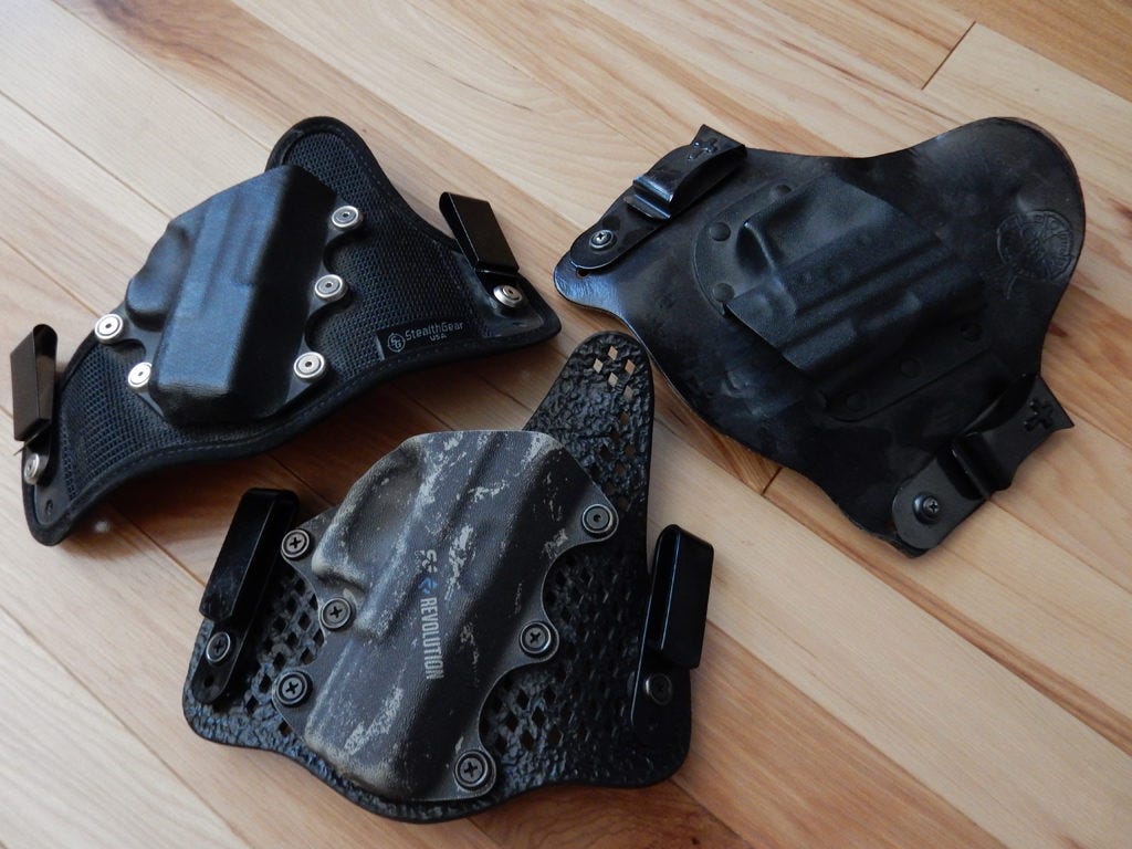Three different hybrid holsters, two from Stealthgear using synthetic materials and a Crossbreed which uses leather Three different hybrid holsters, two from Stealthgear using synthetic materials and a Crossbreed which uses leather