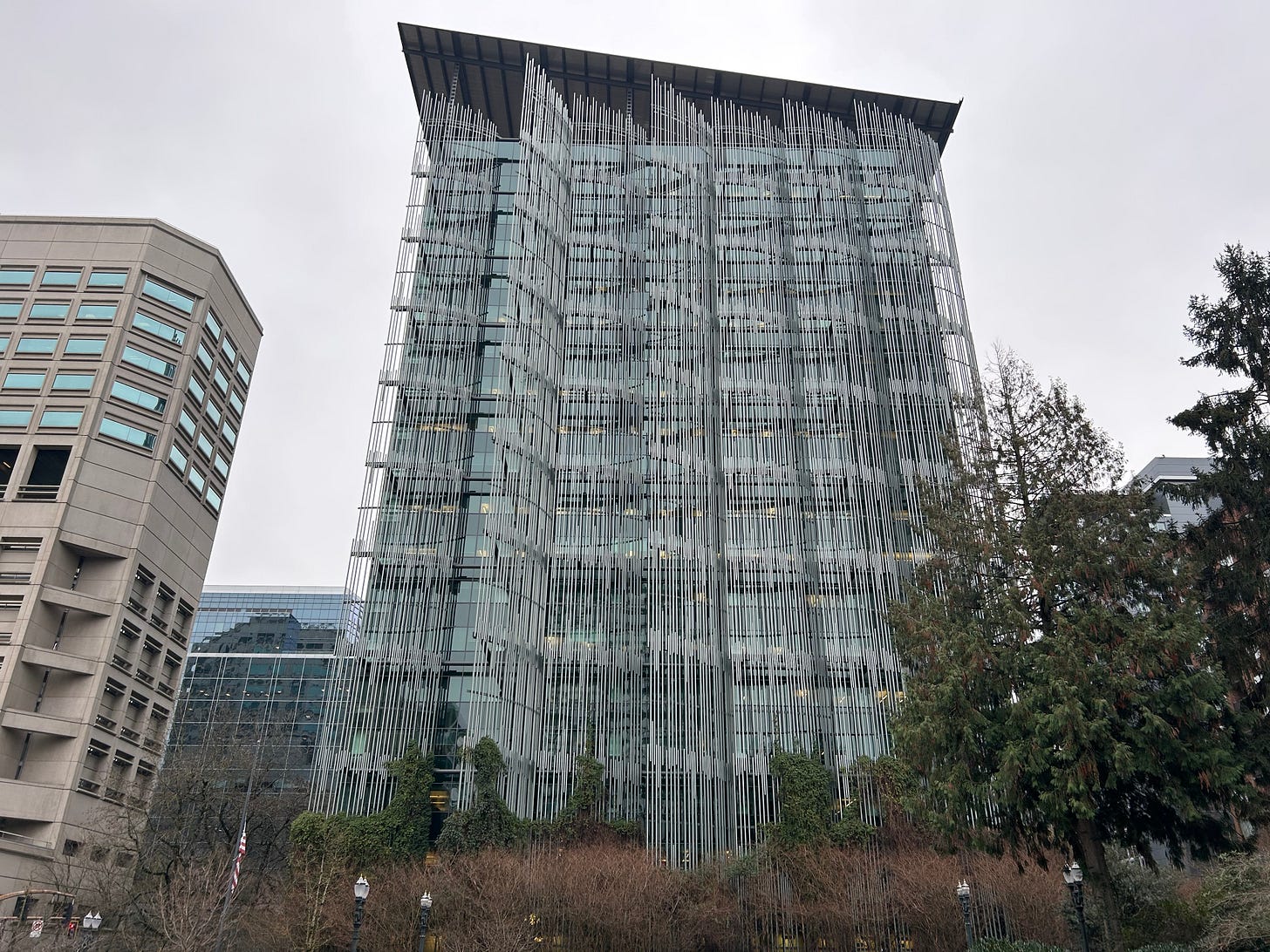 Side of Edith Green Wendall Wyatt federal building festooned with metal siding