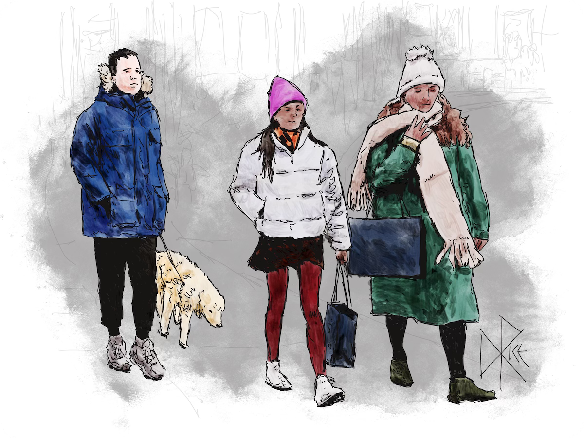 On a winter weekend, a man strolls the sidewalk with his dog as they follow a woman and a teen girl who are both holding their shopping bags. Sketch art by Don Rice.
