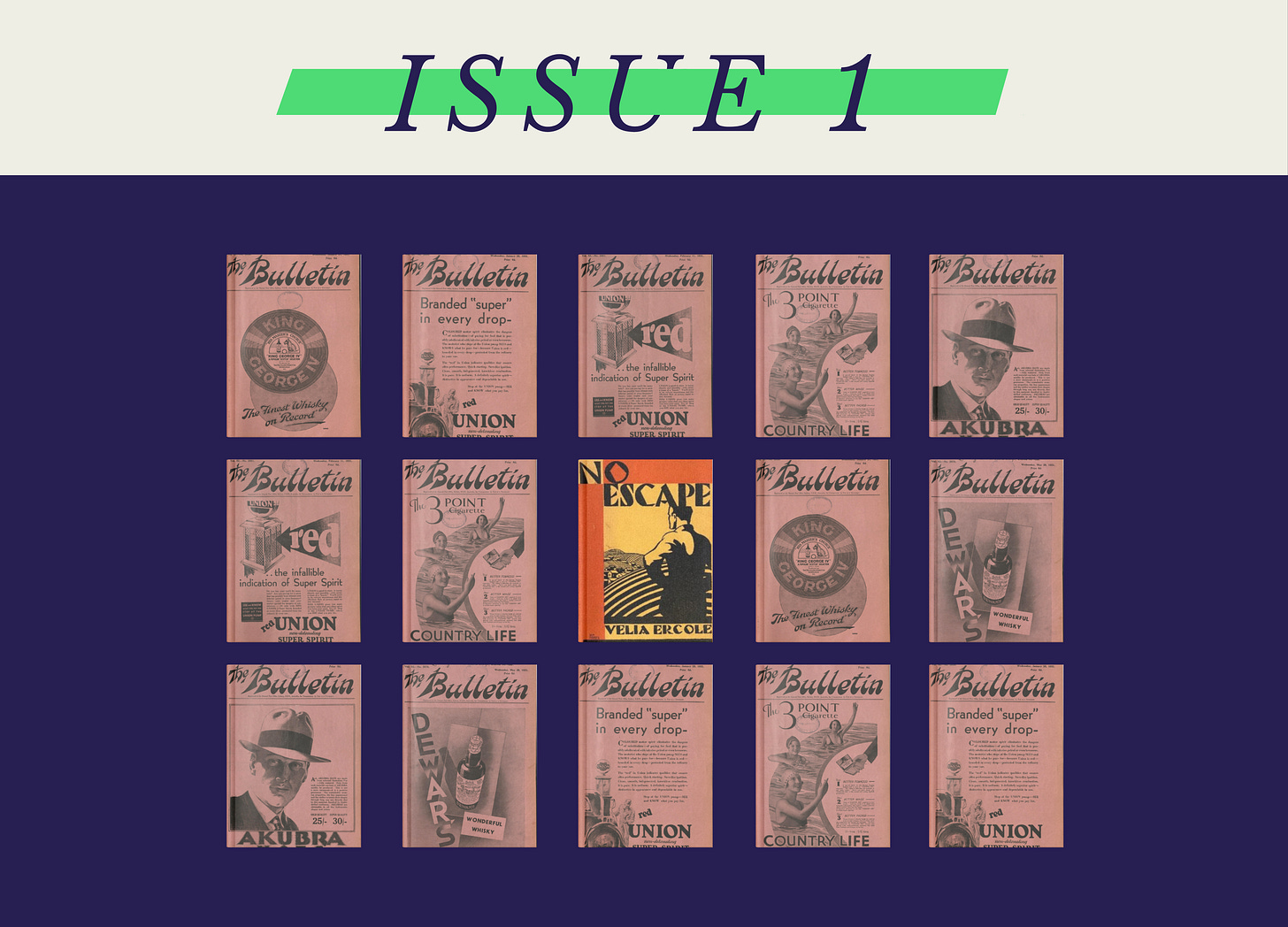 A stylised header image with the title Issue 1. Below the title is a navy blue rectangle. Inside the rectangle are 15 smaller rectangles in a light red colour. Each rectangle has the words ‘The Bulletin’ and a variety of difference images. The centre rectangle is different in orange and yellow colouring with the words ‘No Escape’.