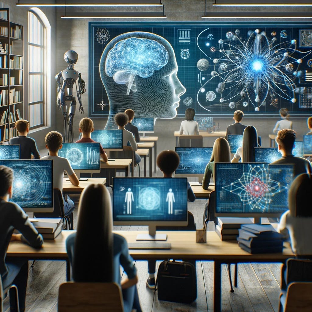 An illustration of a modern, futuristic classroom filled with students of various ethnicities and backgrounds. The students are engaged in learning about neural networks and physics, using state-of-the-art computer screens that display complex scientific data and diagrams. The classroom environment is technologically advanced, with sleek designs and interactive digital interfaces, reflecting an emphasis on science and technology education. An illustration of a modern, futuristic classroom filled with students of various ethnicities and backgrounds. The students are engaged in learning about neural networks and physics, using state-of-the-art computer screens that display complex scientific data and diagrams. The classroom environment is technologically advanced, with sleek designs and interactive digital interfaces, reflecting an emphasis on science and technology education.