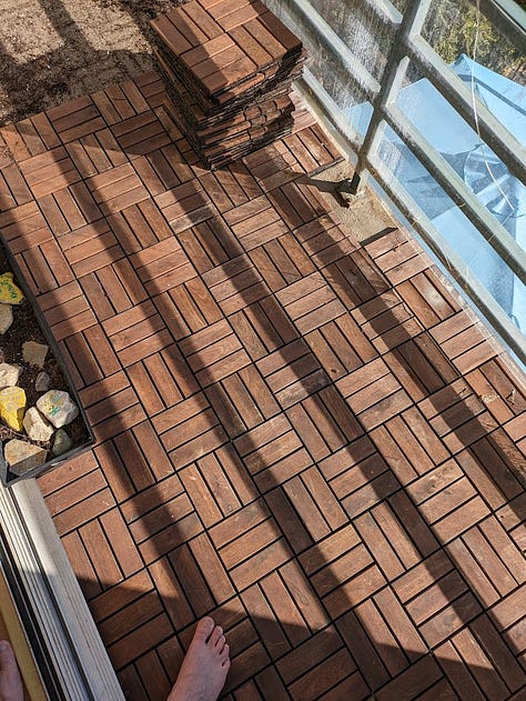 Three photos of a balcony: The first showing faded tiles, the second showing them wet after being sprayed, the third showing them with a much richer, deeper brown.