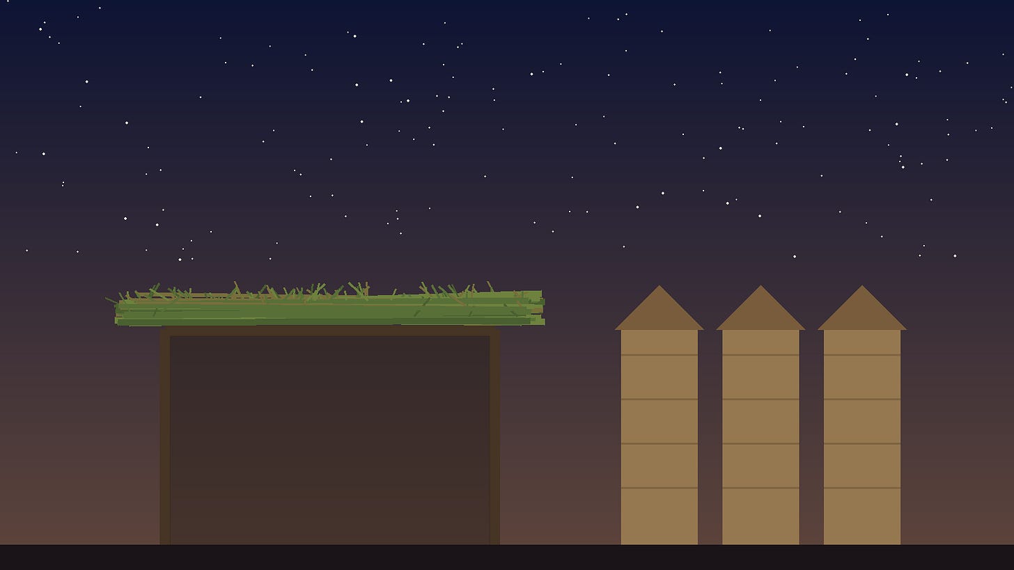 Schematic dusk illustration: a sukkah with an open branch roof under stars, beside three grain silos.