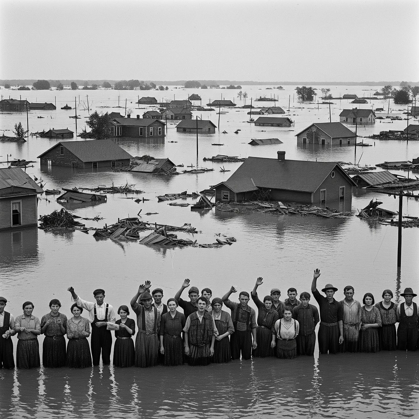Black & white photo of The Great Flood of 1927 in Louisiana.
