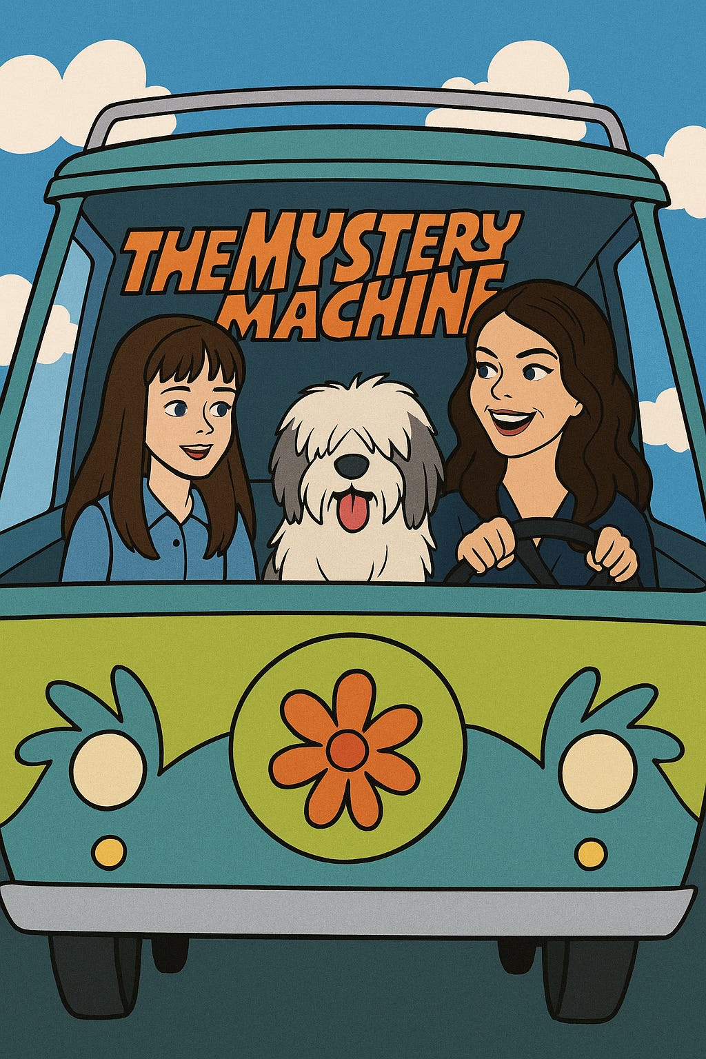 AI-Generated Fan Art Mashup of Lorelai Gilmore and Rory Gilmore as Scooby Doo characters in The Mystery Machine with dog Paul Anka | rmrk*st | Remarkist Magazine