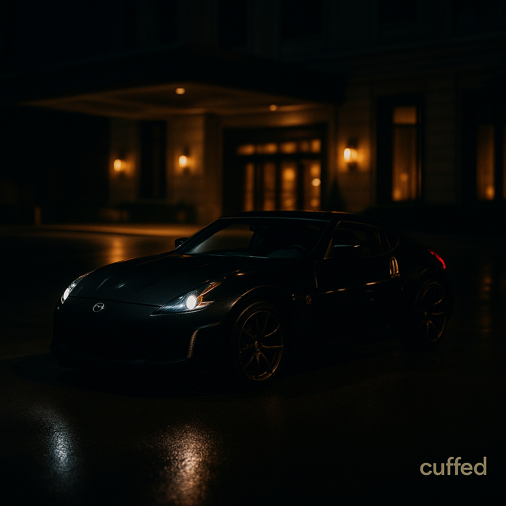 A sleek black sports car idles under warm hotel lights on a wet night, headlights glowing in the dark—symbolizing performative masculinity, status obsession, and the emotional emptiness behind loud displays. Visual metaphor for cuffed musing no. 2 on cosplay masculinity and ego. A sleek black sports car idles under warm hotel lights on a wet night, headlights glowing in the dark—symbolizing performative masculinity, status obsession, and the emotional emptiness behind loud displays. Visual metaphor for cuffed musing no. 2 on cosplay masculinity and ego.