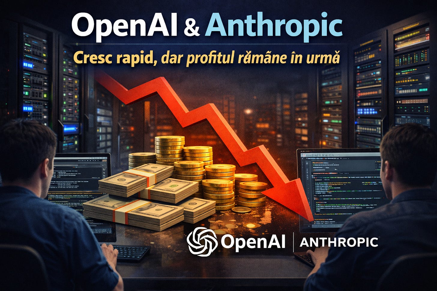 Doi specialiști lucrează la calculatoare într-un spațiu cu servere, în timp ce un grafic descendent și elemente financiare ilustrează presiunea costurilor asupra OpenAI și Anthropic. Doi specialiști lucrează la calculatoare într-un spațiu cu servere, în timp ce un grafic descendent și elemente financiare ilustrează presiunea costurilor asupra OpenAI și Anthropic.