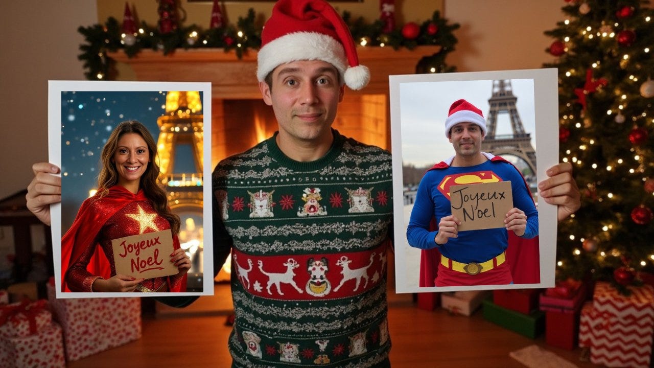 A festive scene featuring Jeanviet, wearing an ugly Christmas sweater with playful holiday patterns, a Santa hat on top of his head. He is centered in the image, holding a large white poster in each hand with a cheerful smile. The background is blurred, showcasing a beautifully decorated Christmas tree with ornaments and lights, a burning fireplace emitting a cozy glow, and stacks of colorful wrapped gifts. The atmosphere is warm and festive, emphasizing the holiday spirit.