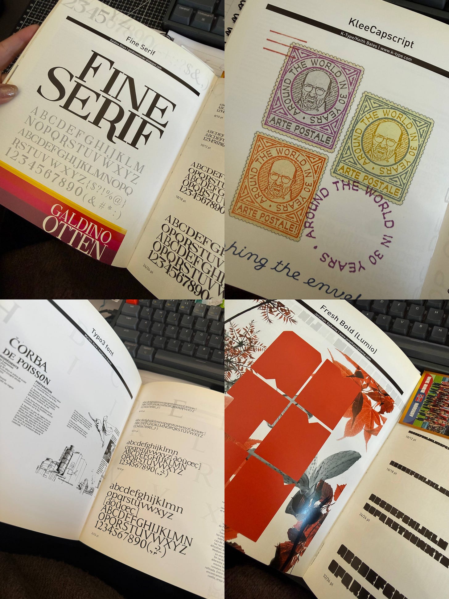 Collage de cuatro fotos que muestran páginas interiores de un catálogo de tipografías. Cada sección destaca una fuente diferente ("Fine Serif", "KleeCapscript", "Typo3 font" y "Fresh Bold") con ejemplos de abecedarios, números, ilustraciones decorativas y muestras de diseño editorial.