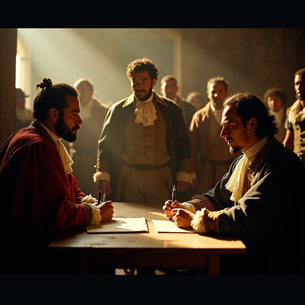 A dramatic, cinematic film still of a pivotal moment in 1670, as the Treaty of Madrid is signed, transferring Jamaica from Spanish to English hands
