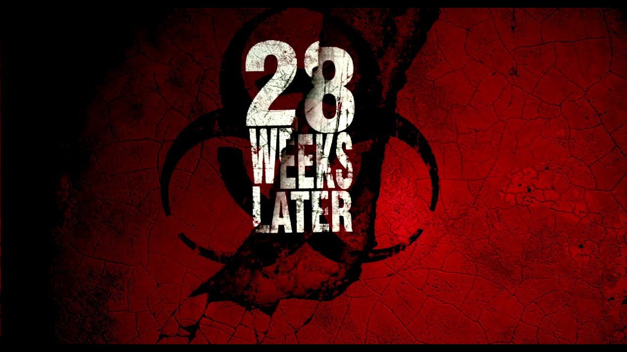 28 Weeks Later movie poster featuring a red-tinted London skyline and an ominous biohazard symbol.