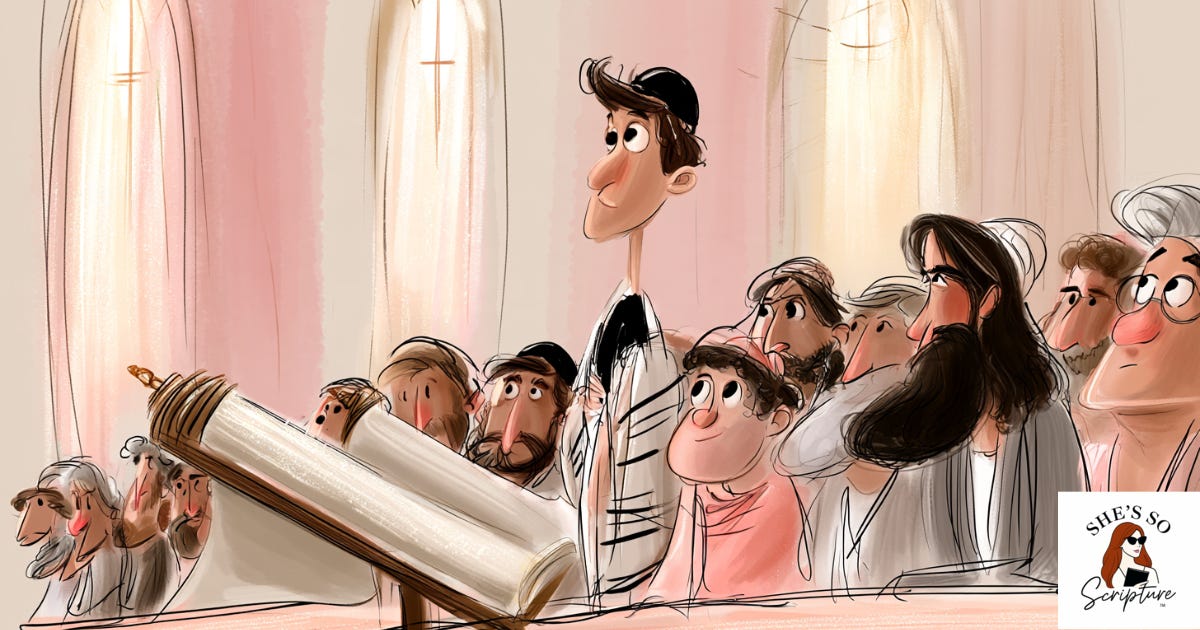 Illustration of a diverse group of figures gathered inside an ancient synagogue around an open scroll, in a blush pink and cream watercolor style.