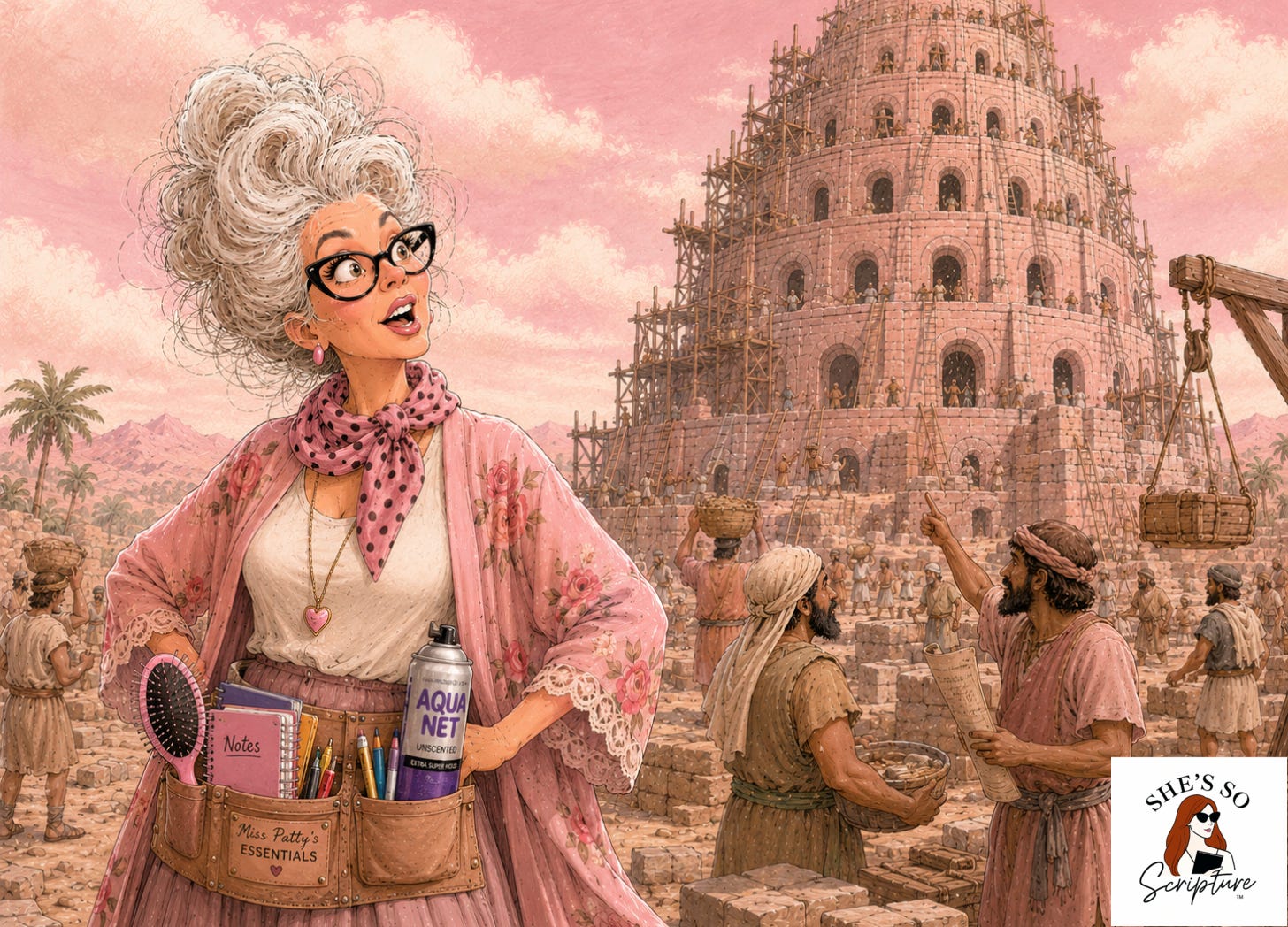 Illustrated older woman with large teased silver hair, cat-eye glasses, and a pink floral outfit stands confidently in the foreground at the construction site of the Tower of Babel. She wears a leather tool belt labeled "Miss Patty's Essentials" stocked with a can of Aqua Net hairspray, a pink hairbrush, a notes notebook, and colored pens. Ancient workers carry bricks and materials behind her as the massive tower rises under scaffolding against a pink sky.