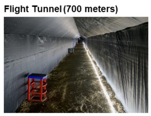 Inside of a flight tunnel, a 700 m long tunnel lit by a strip of light