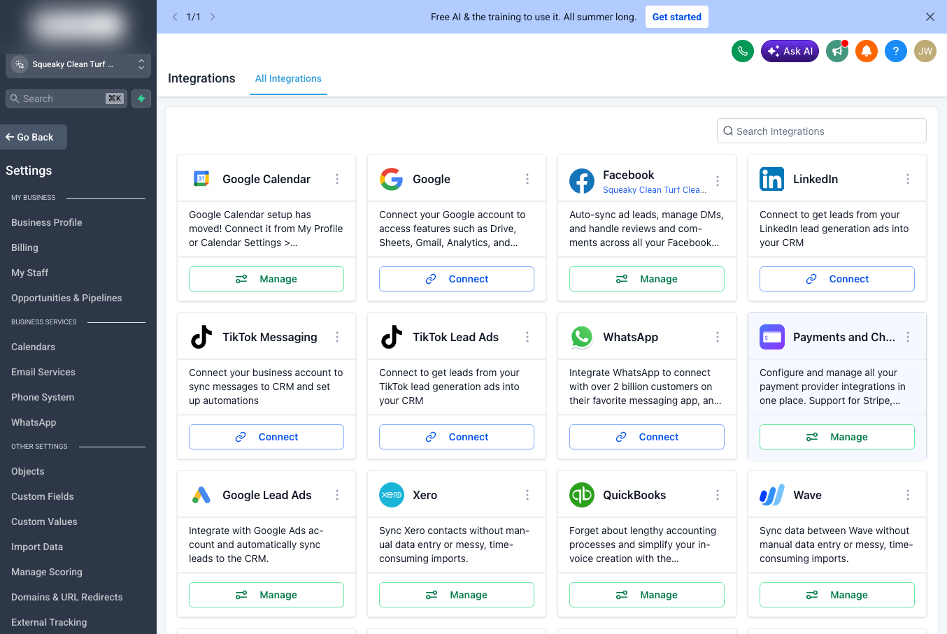 GoHighLevel integrations page for the Squeaky Clean Turf sub-account showing connected and available channels including Facebook, Google, TikTok, WhatsApp, and QuickBooks GoHighLevel integrations page for the Squeaky Clean Turf sub-account showing connected and available channels including Facebook, Google, TikTok, WhatsApp, and QuickBooks