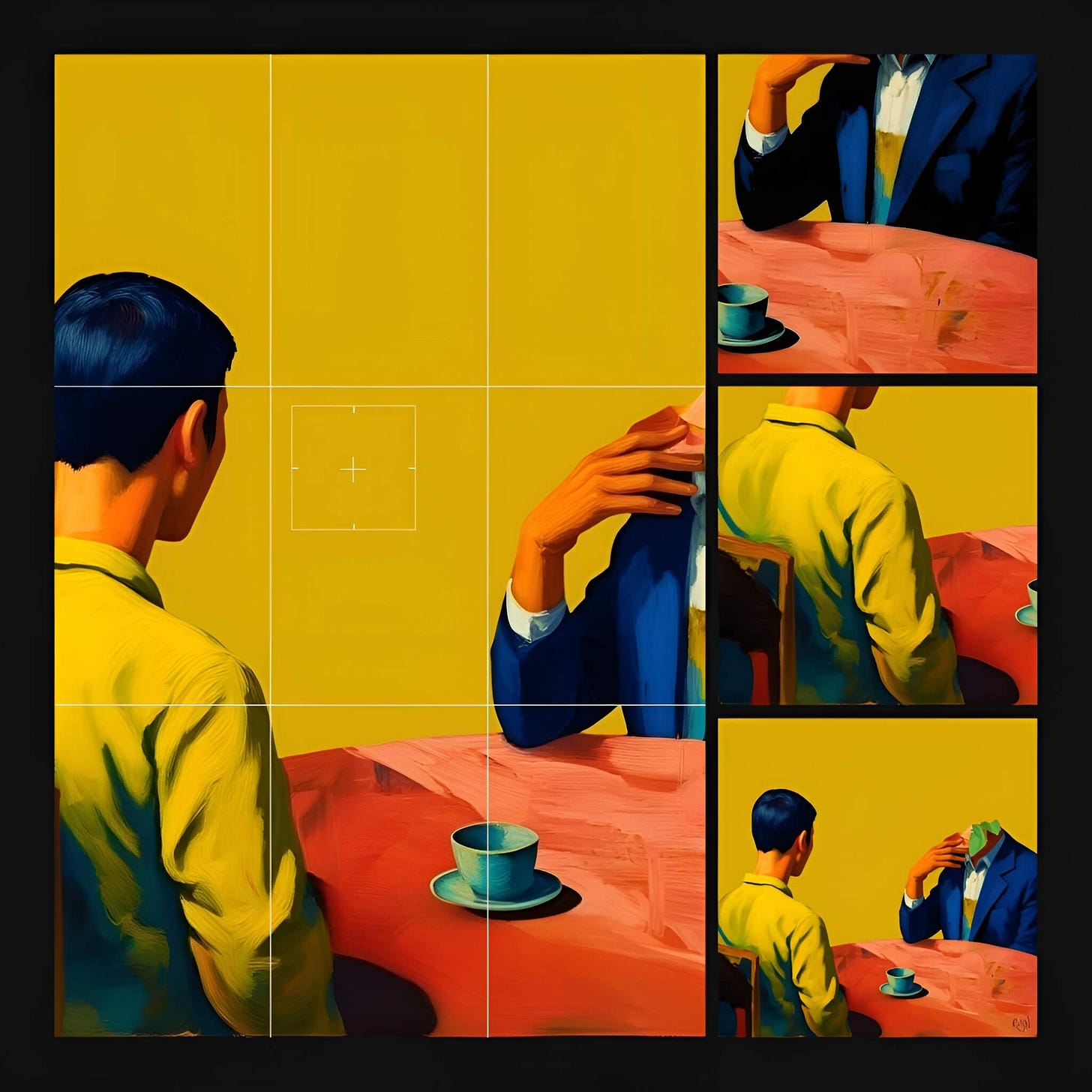 Two men sit at a pink table against a mustard-yellow background, a blue teacup between them. One man in a yellow shirt is seen from behind, facing the other, who’s wearing a blue suit but lacks a fully rendered head, with a green leaf protruding from his mostly-erased face. A white camera grid overlays the large left panel. To the right, three panels provide tight crops of the blue suit and yellow shirt, with the full, surreal scene shown in the bottom-right.