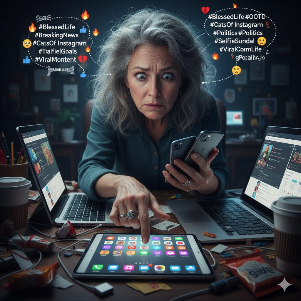 woman frantically posting social media posts on a variety of devices (build an email list without social media)