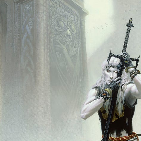 LEFT: Background detail from ELRIC AND THE SINKING CITY featuring detail of Stormbringer's hilt and crossguard. Elric's face is half hidden by the blade. In the misty background, massive squared columns rise. The most prominent features and owl-like demon with huge eyes and serrated beak. Talons rest with arms crossing chest and wings folded around it. CENTER: Figure detail from ELRIC AND THE SINKING CITY featuring a somber Elric crouching at the base of a massive support pillar of an ancient city. He clutches Stormbringer with one hand delicately grasping its crossguard and the other on its blade. His clothes are in tatters and his eyes seem to reflect introspectively even as they meet the audience. The chaos star, eight arrows radiating out from a point, glitters in gold against black on his chest. RIGHT: Foreground detail from ELRIC AND THE SINKING CITY featuring two demons carved in relief at the base of the pillar. The demon to the left is face resembling a Chinese guardian lion with slitted eyes and pronounced fangs. Its mane curls in simple flourishes. The demon to the right embraces a man as it devours his head. The design in relief is divided into tiny component cubes.