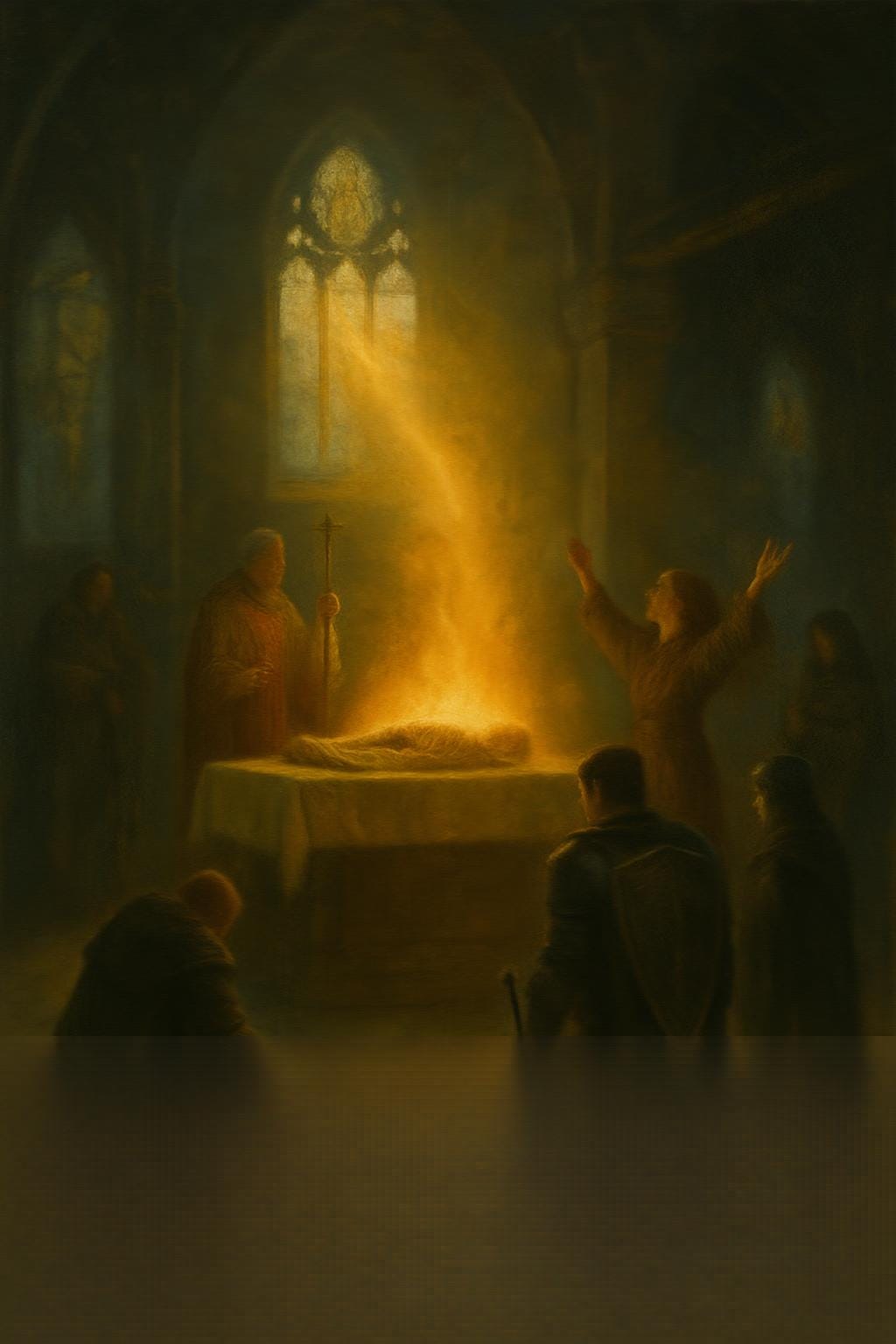 The reconsecration ceremony at St. Andral’s Church in Vallaki, Barovia. The sanctuary is dim but expectant, with cracked stained-glass windows casting muted light across the stone floor. At the altar, the bones of Saint Andral lie wrapped in fresh linen, anointed with oil and wine. Father Lucian stands in ceremonial robes, chanting the liturgy of the Morninglord. Clarion kneels beside him, hands raised in prayer. Fleetwood stands at the nave, sword grounded, shield polished. Felonious leans against a pillar, muttering counter-chants in Celestial. Silverleaf and Greegan linger near the back, alert and watchful. A warm golden light begins to spill from the altar, signaling the restoration of the hallow.