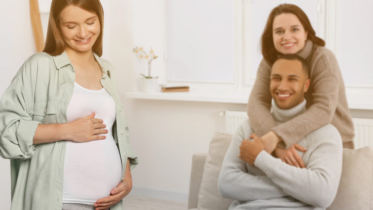 Gestational carrier smiling while two Intended Parents embrace in the background, symbolizing trust and connection during the surrogacy journey.