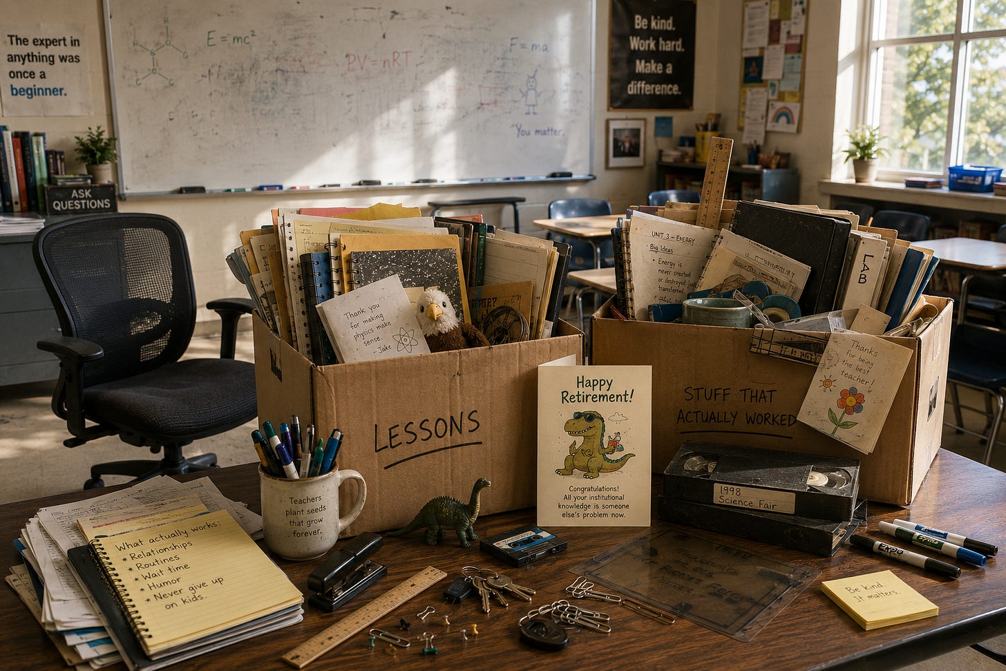 Packed cardboard boxes filled with lesson plans, student notes, old classroom materials, a VHS tape, conference badges, and teaching artifacts sit on a teacher's desk beside an empty chair in a sunlit classroom. The image symbolizes the expertise, institutional knowledge, and experience that leave a school when a veteran teacher retires. Packed cardboard boxes filled with lesson plans, student notes, old classroom materials, a VHS tape, conference badges, and teaching artifacts sit on a teacher's desk beside an empty chair in a sunlit classroom. The image symbolizes the expertise, institutional knowledge, and experience that leave a school when a veteran teacher retires.