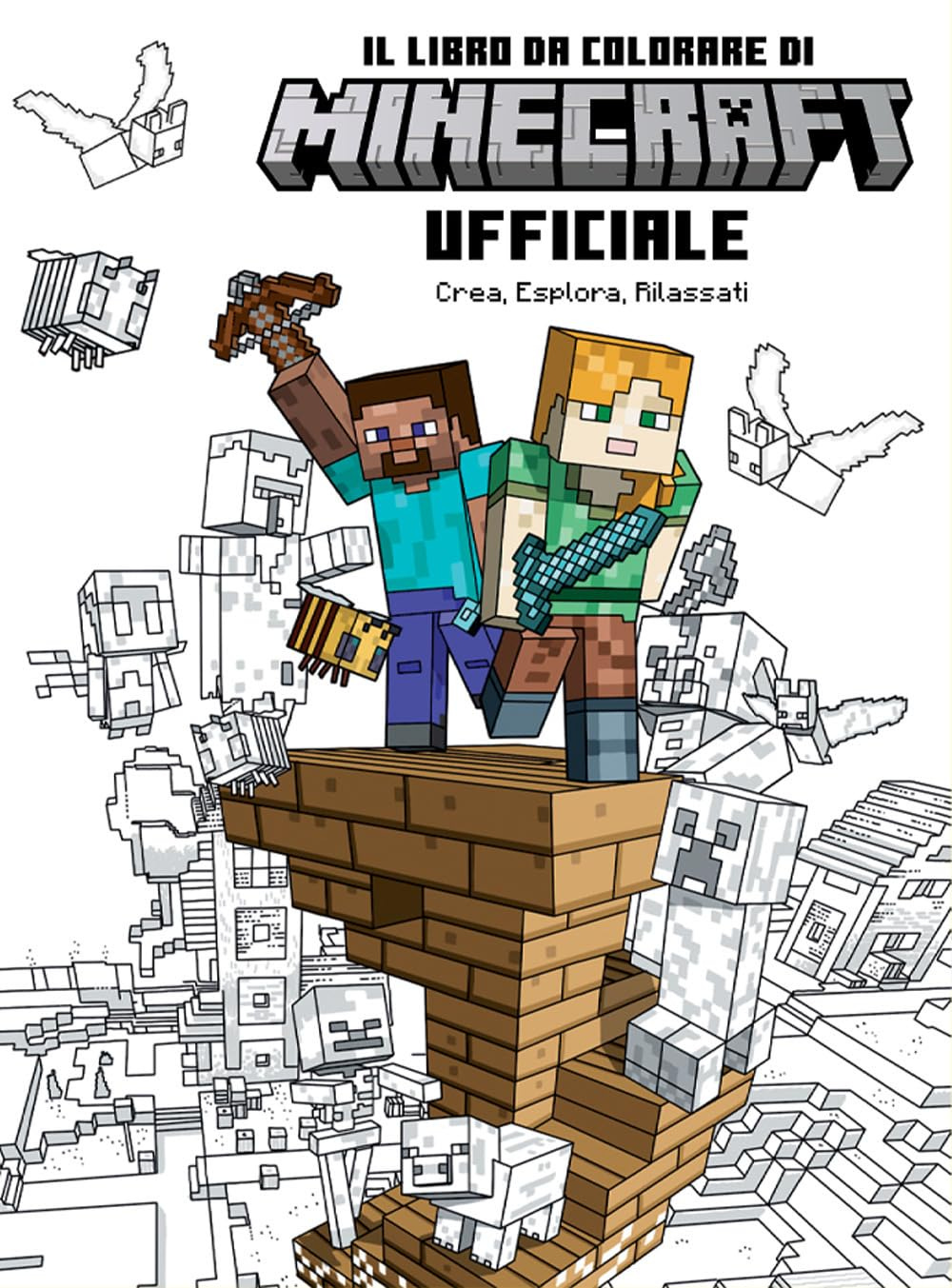 Italian cover of Il Libro da Colorare di Minecraft Ufficiale (The Official Minecraft Coloring Book). It features Steve and Alex in full color on a spiral staircase made of blocks, surrounded by black-and-white outlined Minecraft mobs like skeletons, bees, and wolves, inviting coloring. The background includes a line-art Minecraft world. Subtitle reads “Crea, Esplora, Rilassati” (Create, Explore, Relax).