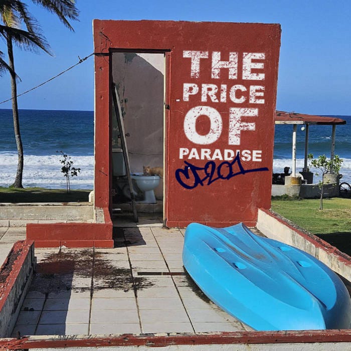 A cat rests on the toilet as seen fromt the doorless doorway of a cement bathroom, colored red, which is located on a beach. On the right side of the cement bathroom, the words "The Price of Parase" are written in white above "CF201" in blue cursive. A pastel blue boat is upside down directly across this section of the bathroom with the text. In the background, on the left, there's part of a palm tree visible with the ocean beyond that. A cat rests on the toilet as seen fromt the doorless doorway of a cement bathroom, colored red, which is located on a beach. On the right side of the cement bathroom, the words "The Price of Parase" are written in white above "CF201" in blue cursive. A pastel blue boat is upside down directly across this section of the bathroom with the text. In the background, on the left, there's part of a palm tree visible with the ocean beyond that.