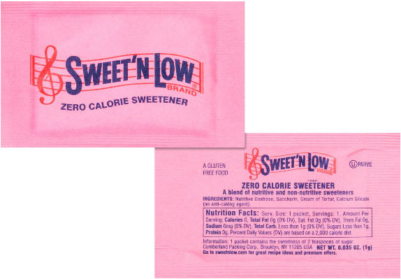 The front side and back side of a pink Sweet'N Low packet