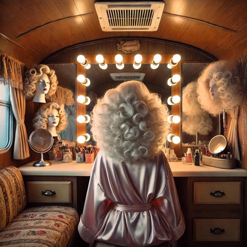 country star in dressing room trailer with blonde wigs
