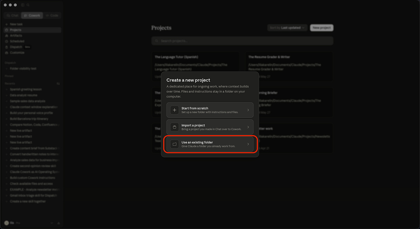 Claude Cowork project setup with Use an existing folder selected for Google Search Console exports