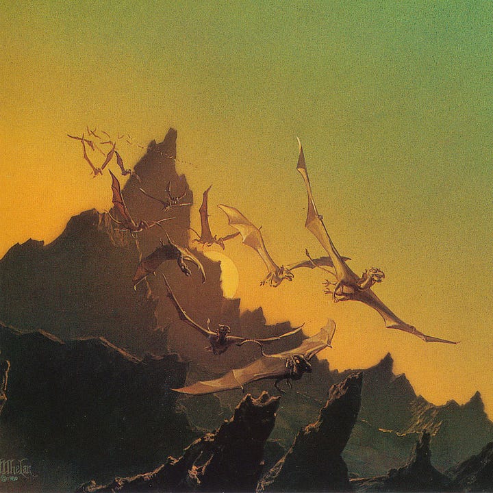 LEFT: Background detail from DRAGONFLIGHT featuring the flight of dragons swooping down over rocky peaks. The sun mostly hidden behind the tallest peak tints the green sky yellow along the ridge of mountains. RIGHT: Figure detail from DRAGONFLIGHT featuring the lead dragon climbing in front of a red striated planet. The dragonrider raises an arm as she glances back with hair flowing in the wind.