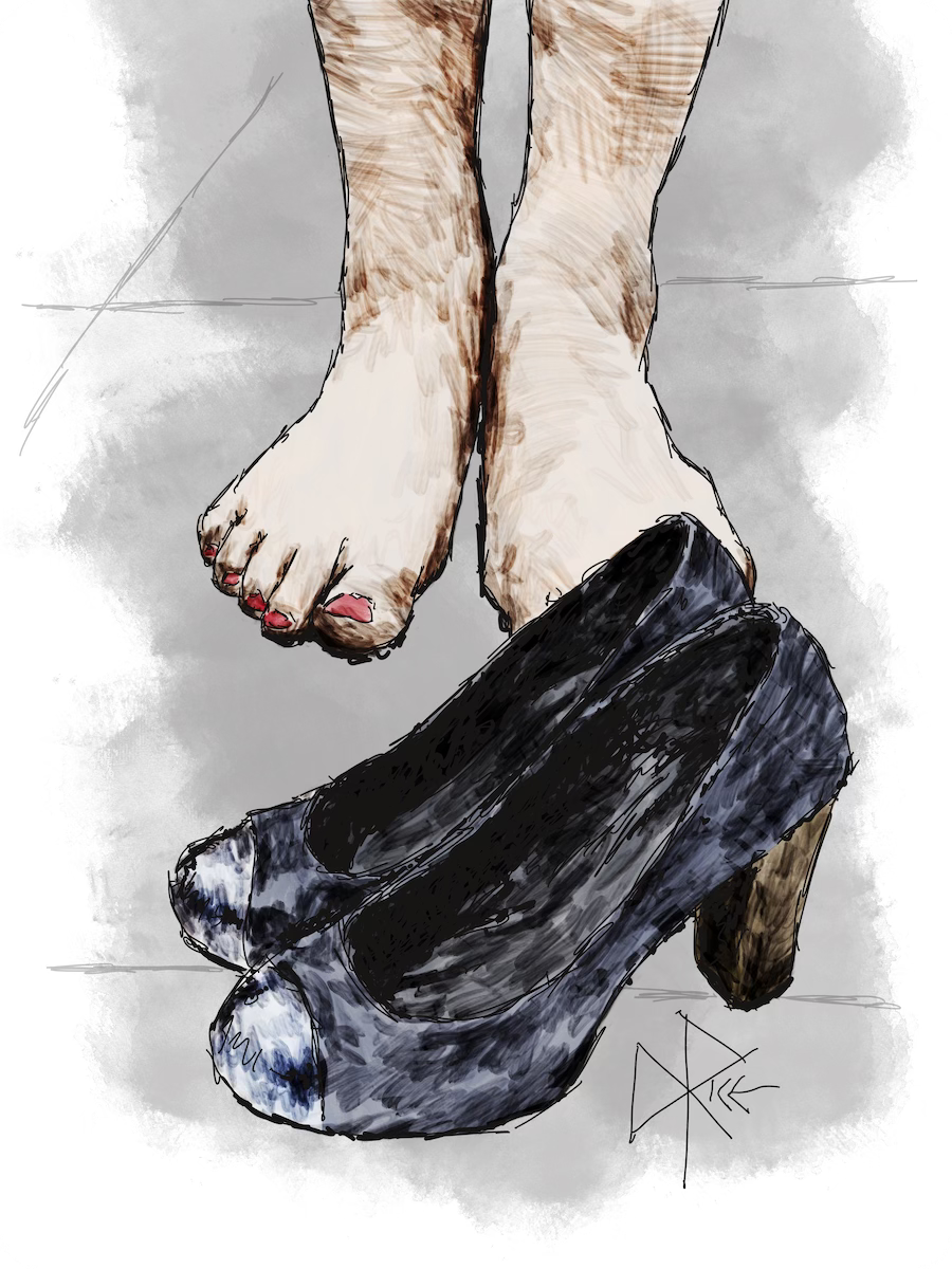 Bare feet, with red-painted toenails, stand behind a pair of empty high heeled shoes. Sketch art by Don Rice.