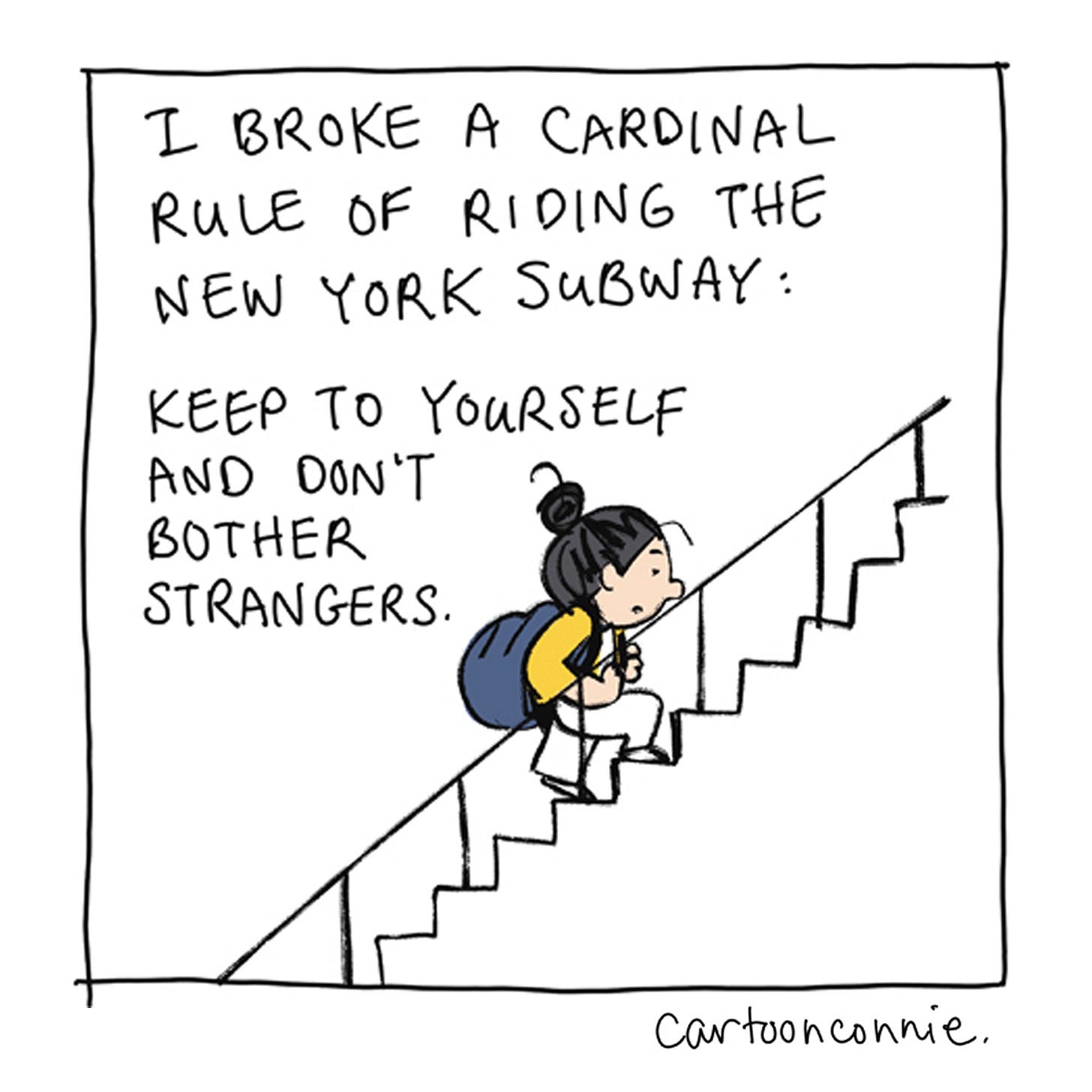 Panel 11/12 of a two-page diary comic about an encounter on a New York City subway in which Connie meets another Connie. Titled "City Diary, July 2026," by Connie Sun, cartoonconnie.