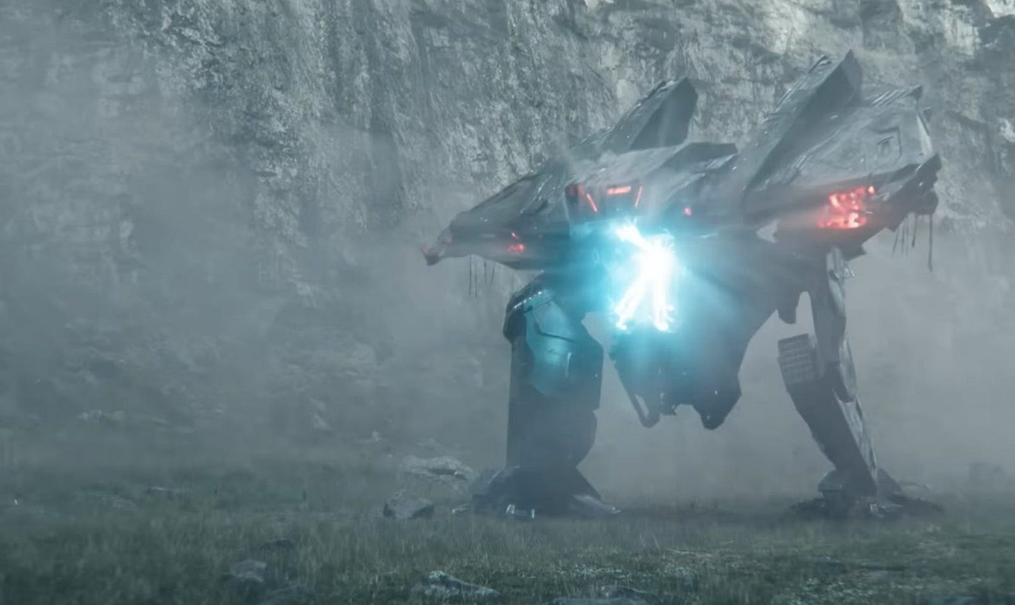 A big robot with red glowing parts, opening up with a blue energy weapon.