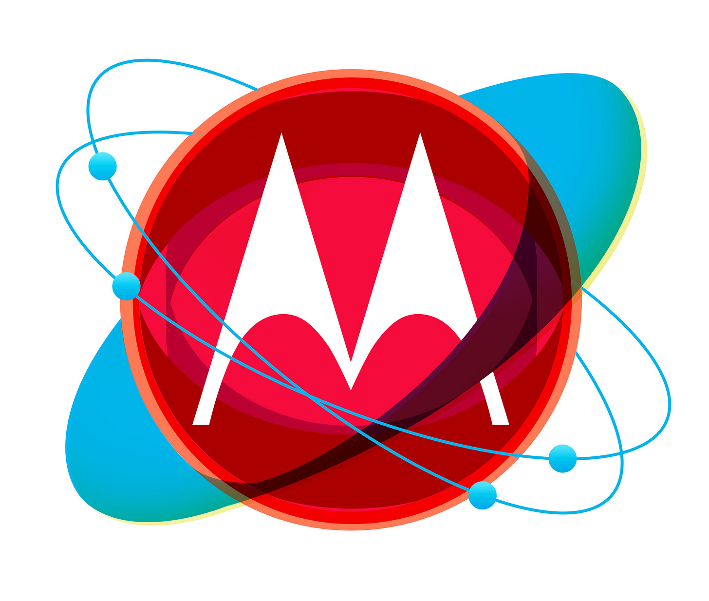 The Motorola "M" batwing logo rendered in a 1950s atomic theme in vibrant red and blue, with orbiting electrons.