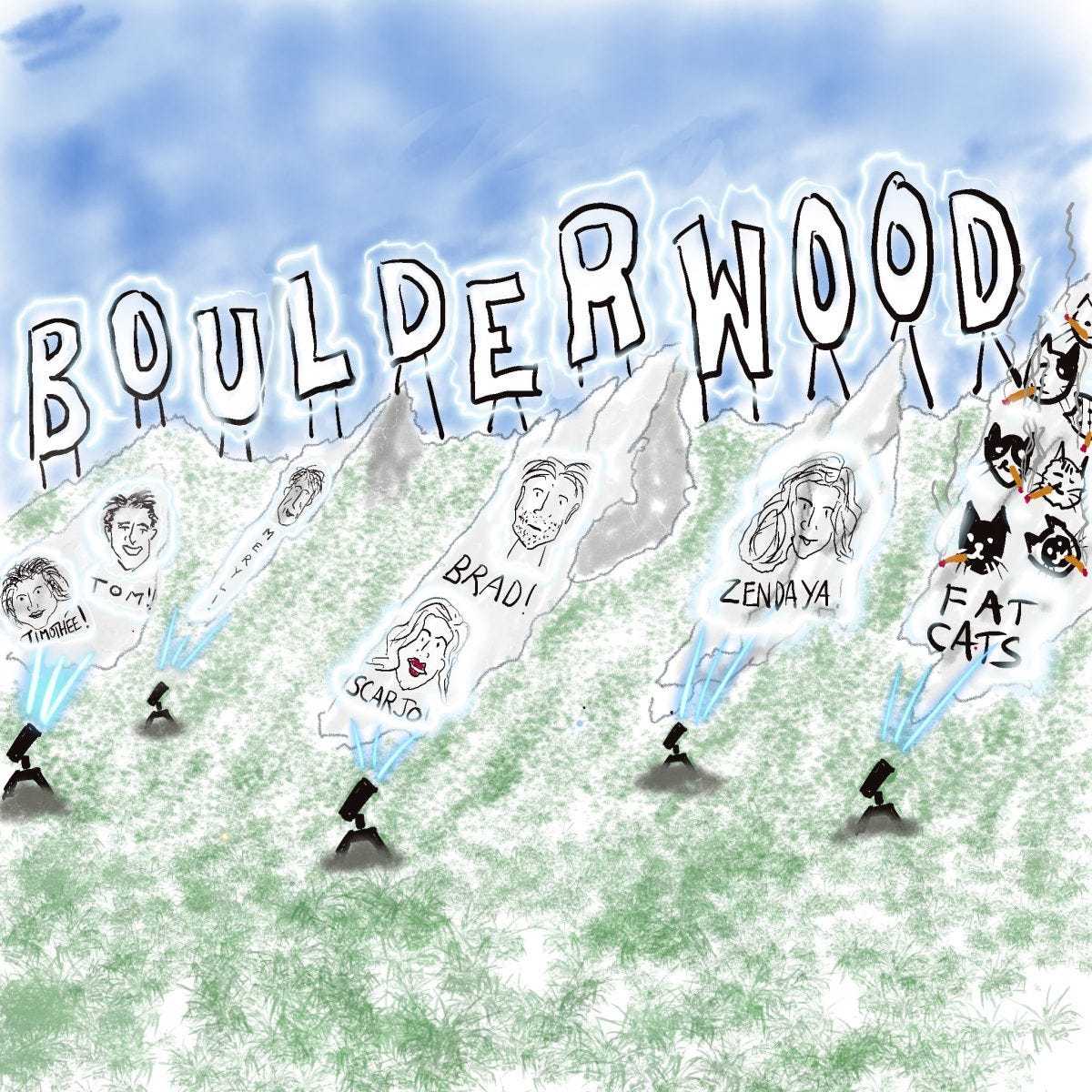 A cartoon drawing of the Flatirons in Boulder, with a sign in the style of the "Hollywood" sign in Los Angeles at the top reading "Boulderwood." There are caricatures of stars projected on the flatirons.