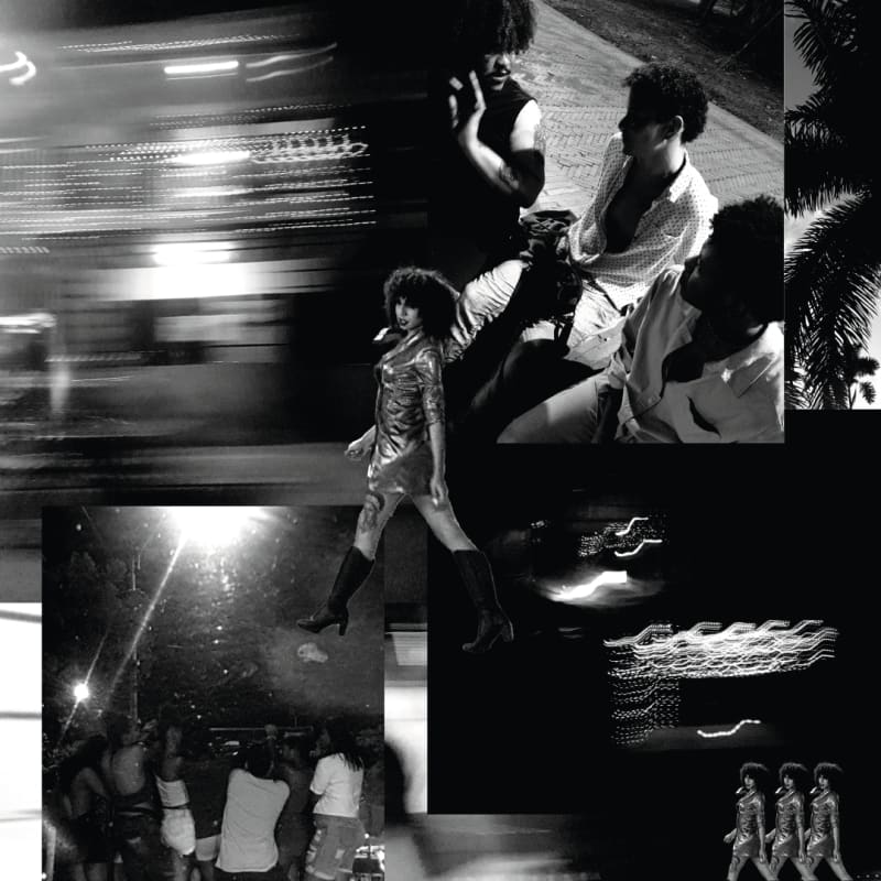 Black and white photo collage with a mish-mash of images and visual effects: a long exposure night scene with blurry lights; a Black woman with natural hair, short dress and knee high boots walking confidently in the middle; palm trees in the top-right.