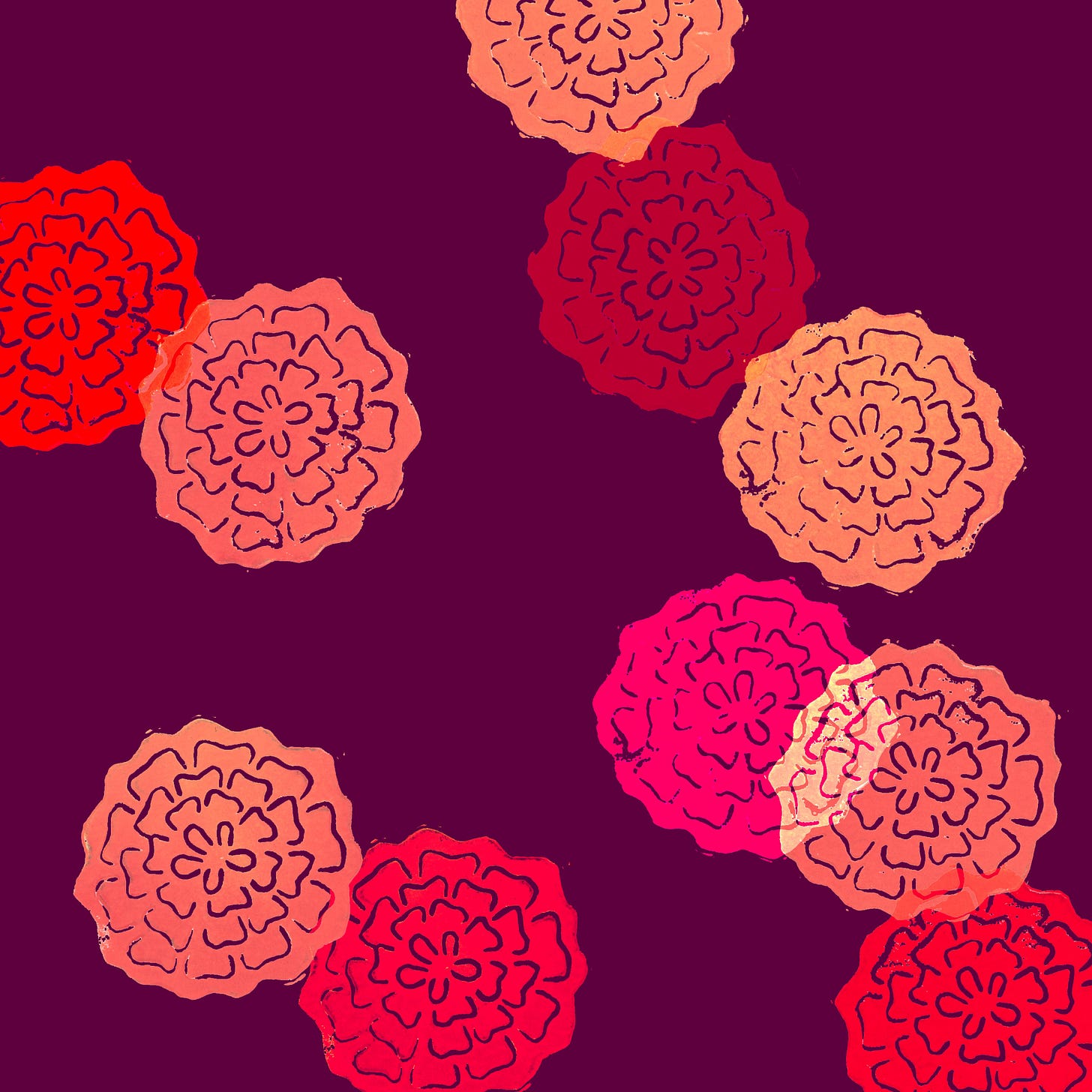 Maroon background with block-printed marigolds in bright and vibrant shades orange, pink, and red.