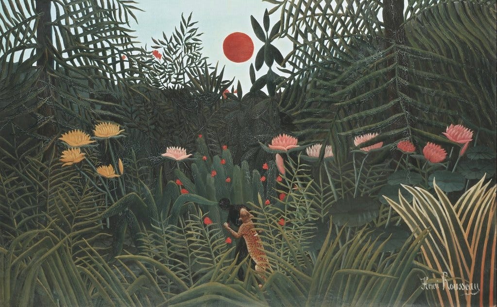 Henri Rousseau - Jungle with Setting Sun [c.1910] | [Kunstmu… | Flickr