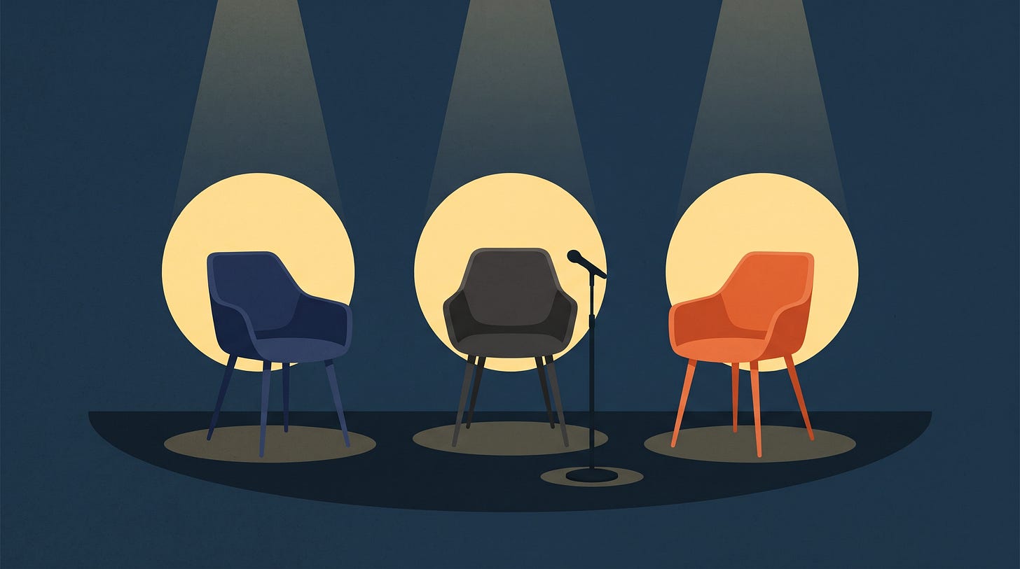Three chairs under three spotlights on a stage Three chairs under three spotlights on a stage