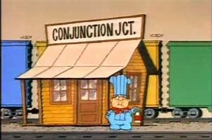 Image from Conjunction Junction Schoolhouse Rock video with conductor and boxcards
