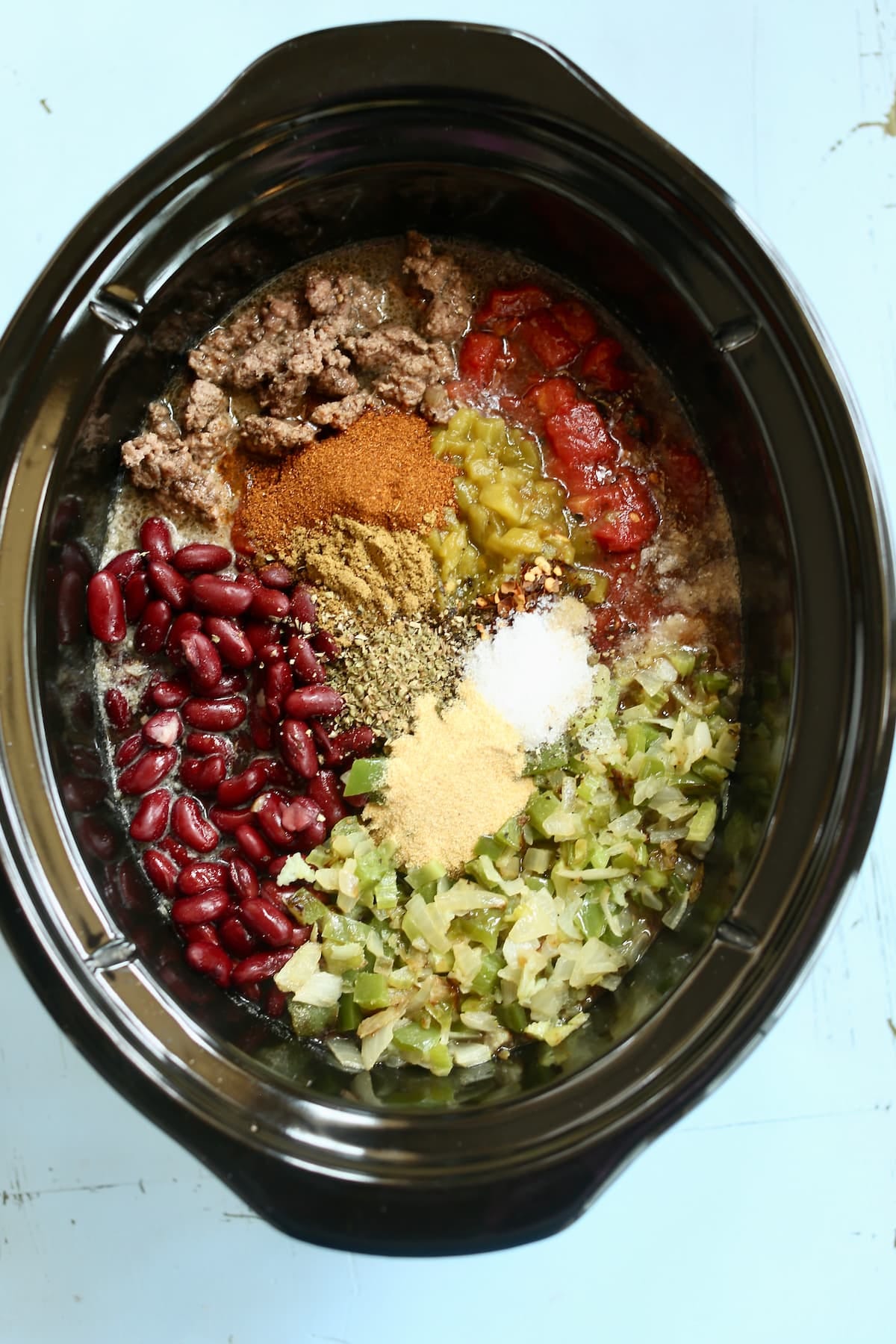 ingredients for irish chili in a crock pot.