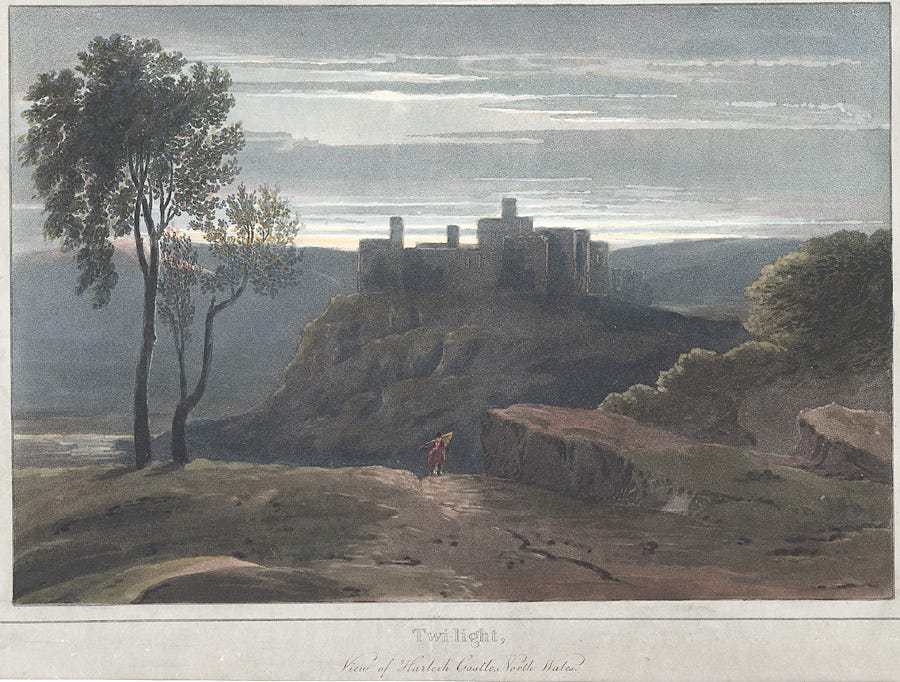 Harlech Castle at twilight in an 1813 print. Harlech Castle at twilight in an 1813 print.