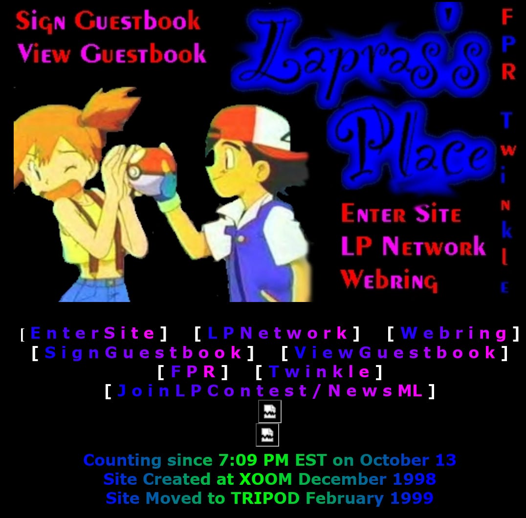 Lapras’s Place splash page (November 1999) Lapras’s Place splash page (November 1999)