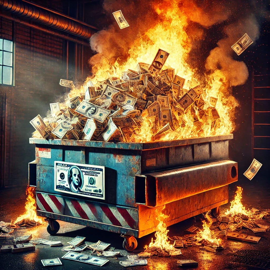 A detailed and dramatic illustration of a dumpster filled with stacks of USD bills on fire. The dumpster is overflowing with cash, and flames rise high, emitting smoke and embers. The dollar bills are vividly detailed, some intact and others partially burned, with ashes floating in the air. The background is dark and industrial, emphasizing the chaotic and destructive nature of the scene. The lighting highlights the fiery glow, casting warm tones on the dumpster and creating a striking visual of waste and financial loss. A detailed and dramatic illustration of a dumpster filled with stacks of USD bills on fire. The dumpster is overflowing with cash, and flames rise high, emitting smoke and embers. The dollar bills are vividly detailed, some intact and others partially burned, with ashes floating in the air. The background is dark and industrial, emphasizing the chaotic and destructive nature of the scene. The lighting highlights the fiery glow, casting warm tones on the dumpster and creating a striking visual of waste and financial loss.