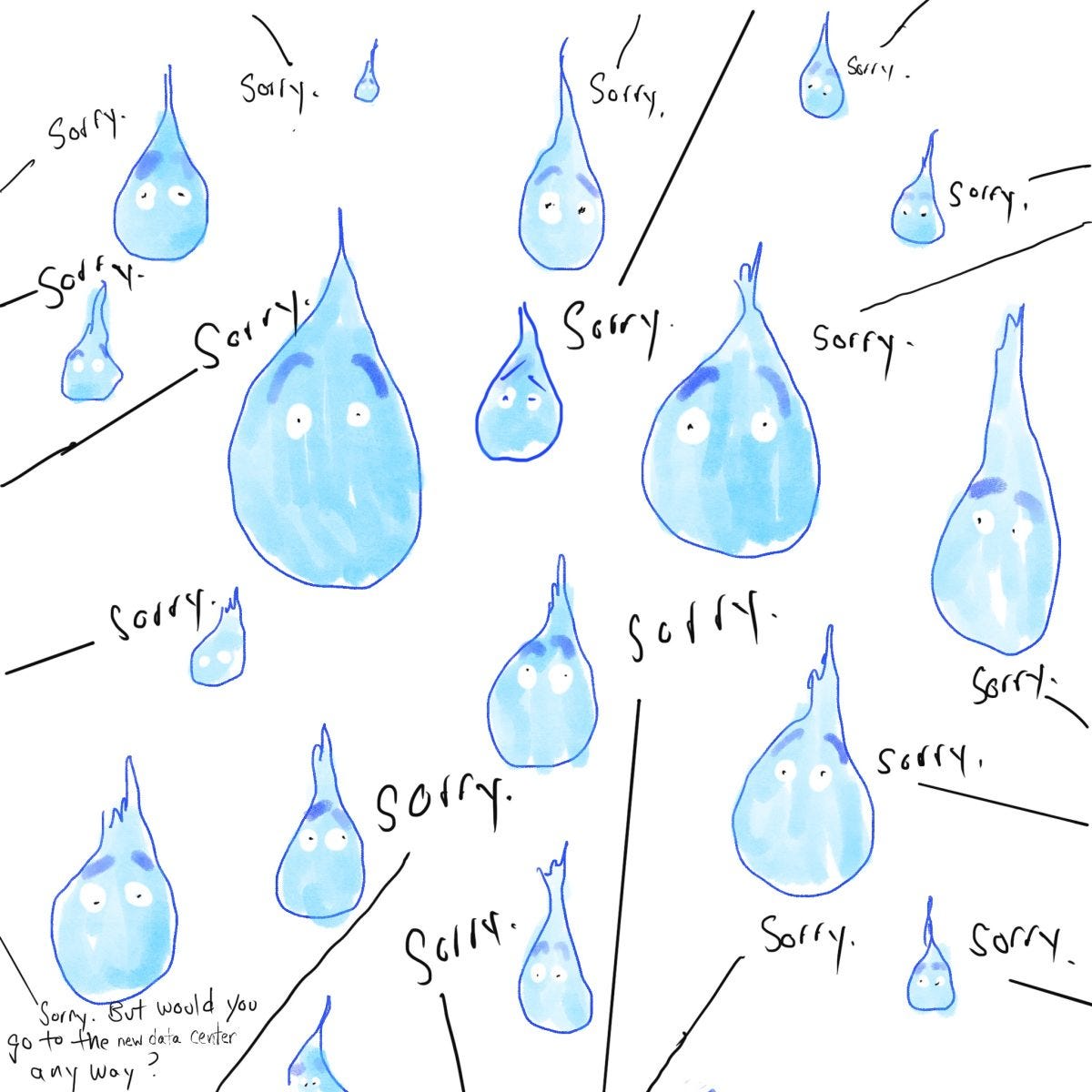 A cartoon drawing of a large number of water droplets with worried eyes. The word "sorry" appears many times between them, as though it is being said to them. A cartoon drawing of a large number of water droplets with worried eyes. The word "sorry" appears many times between them, as though it is being said to them.