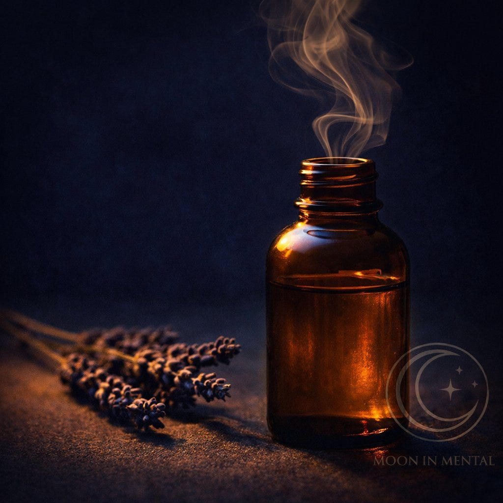 MoonInMental aromatherapy image for nervous system regulation February 2026. Amber bottle with lavender and aromatic vapor representing the olfactory-limbic pathway for emotional transit support.